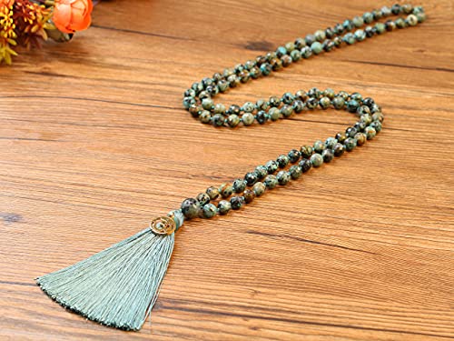 COAI OM Charm Hand Knotted Tassel 108 Mala Beads Necklace - color: Faceted African Turquoise, size: 8mm