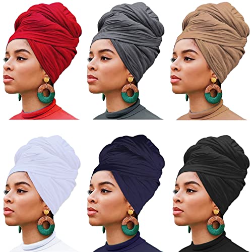 6 Pieces Head Wrap Stretch Jersey Turban African for Women Fashion Headwraps Solid Color Soft Shawl Scarf Caps Bohemian Breathable Turbans Tie (Black, Camel, White, Wine Red, Dark Blue, Dark Grey) - color: Y6 Black, Camel, White, Wine Red, Dark Blue, Dark