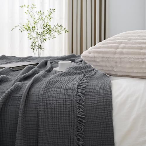 Esterra Muslin Throw Blanket 50x65 Inches Cozy Soft Lightweight Pre-Washed Cotton Blanket, All Season Breathable 4-Layer Gauze Blanket Throw for Sofa Couch Bed, Dark Gray - color: 11 - Dark Gray, size: Throw (50"x65")
