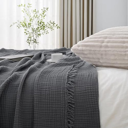 Esterra Muslin Throw Blanket 50x65 Inches Cozy Soft Lightweight Pre-Washed Cotton Blanket, All Season Breathable 4-Layer Gauze Blanket Throw for Sofa Couch Bed, Dark Gray - color: 11 - Dark Gray, size: Throw (50"x65")