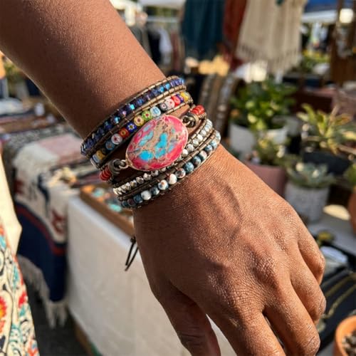 YGLINE Boho Handmade Natural Stone Wrap Bracelets Jasper Crystal Beads Bracelet Jewelry - color: jasper 2-5 wrap