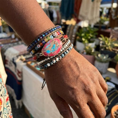YGLINE Boho Handmade Natural Stone Wrap Bracelets Jasper Crystal Beads Bracelet Jewelry - color: jasper 2-5 wrap