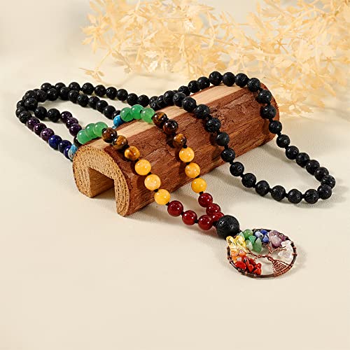 Bivei 108 Mala Beads Necklace Life Tree 7 Chakra Wrap Bracelet Real Healing Gemstone Yoga Meditation Hand Knotted Mala Prayer Bead Necklace - color: Lava Rock Stone, size: 8mm
