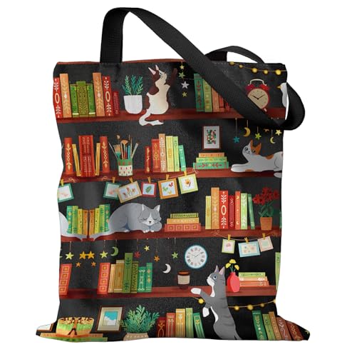 Miss Adola Aesthetic Canvas Tote Bag - Reusable Shoulder Tote Bag for Women Lady Casual Vacation, Shopping, Work, Gym - style: Bookshelf Cats