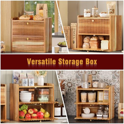 Trironsun Acacia Bread Box for Kitchen Countertop Wood Bread Storage Container Bin Double Layer BreadBox Farmhouse Large Capacity Food Organizer (Acacia Wood) - color: Acacia Wood