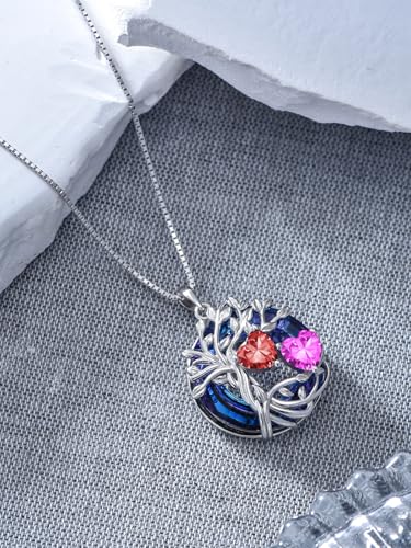TOUPOP s925 Sterling Silver Family Celtic Tree of Life Pendant Necklaces with 2 Heart Birthstone with Blue Austrian Crystal Jewelry Birthday Valentines Day Gifts for Her, Anniversary Christmas Gifts for Wife Girlfriend Mom (18K Real White Gold Filled) - c