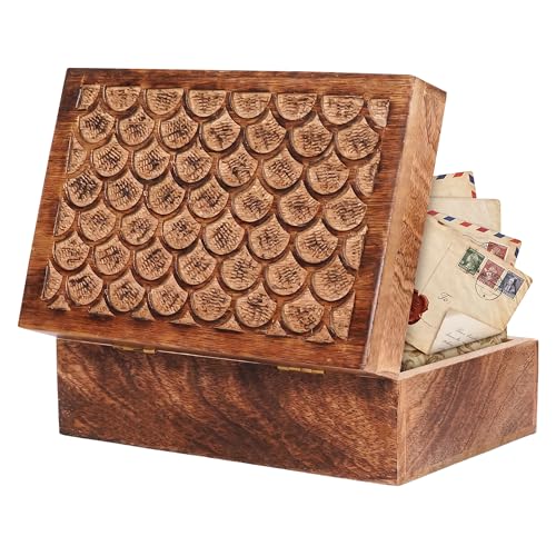 7.5” x 4.5” x 3” Mango Wood Box with Lid – Carved Scallop Medium Burnt – Handcrafted Wooden Keepsake Box – Medium Decorative Storage for Jewelry, Memory & Home Décor Accents