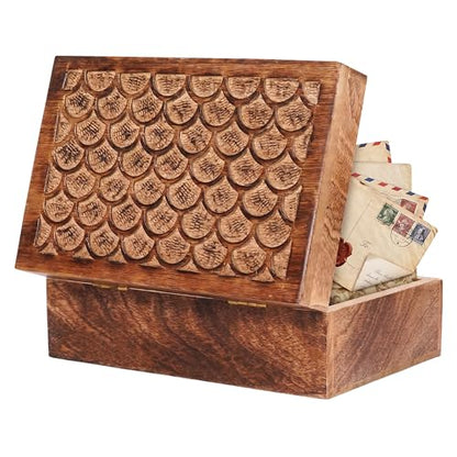 7.5” x 4.5” x 3” Mango Wood Box with Lid – Carved Scallop Medium Burnt – Handcrafted Wooden Keepsake Box – Medium Decorative Storage for Jewelry, Memory & Home Décor Accents