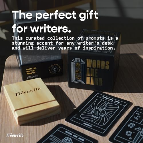 Freewrite Words are Hard Writing Prompt Deck | 150 Creative Writing Prompts for 8 Genres | Gifts for Writers with Inspiring Illustrations | Storytelling Cards with a Custom Wooden Stand