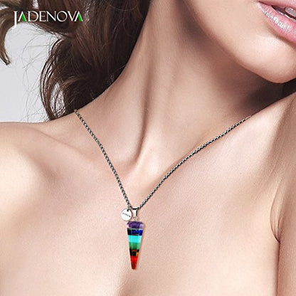 JADENOVA 7 Chakra Stones Necklace Gemstone Pendant Necklace Energy Healing Crystal Divination Pendulum For Women (Cone Hexagonal, 18 Inches Stainless Steel Chain) - style: Cone-shaped 7 Chakra Pendant Necklace