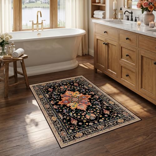 RELEANY Area Rugs Small 2'6"x4' Washable Non-Slip, Floral Vintage Distress Medallion Carpet for Kitchen Entryway Bathroom, Black Colorful Floral Dark Tan - color: Black/Colorful, size: 2'6" X 4' (Runner)