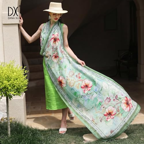 100% Mulberry Extra Large Silk Pashmina Scarf Shawls And Wraps For Women Evening Dress Summer Travel Floral Blanket - color: Light Green Floral