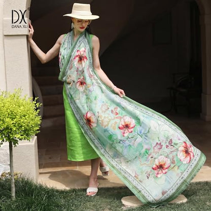 100% Mulberry Extra Large Silk Pashmina Scarf Shawls And Wraps For Women Evening Dress Summer Travel Floral Blanket - color: Light Green Floral