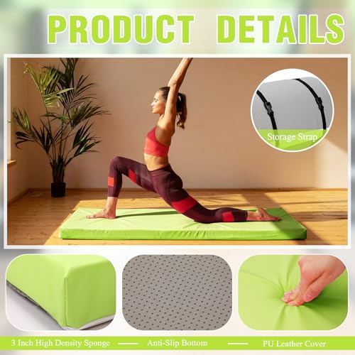 Lyrow 3 Inch 72"x 24" Thick Foldable Yoga Mat with Carry Strap, Non-slip Portable Foam Gym Mat for Yoga, Pilates and Stretching - color: Lush Green