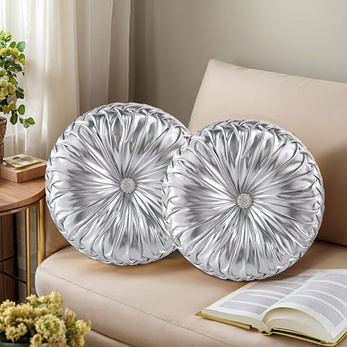 HIG Set of 2 Handcrafted Silver Ruched Round Throw Pillows – 14.5’’ Metallic Leather Decorative Pillows with Soft Polyester Filling for Couch, Bed, Living Room, Bedroom, or Dorm - color: Silver