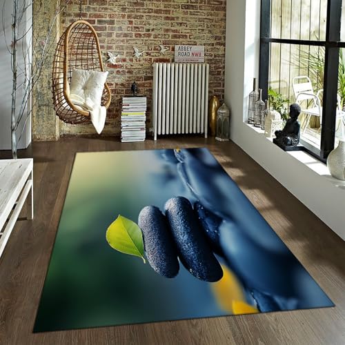 Minimalist Style Washable Area Rugs 2'x3' - Meditation Theme Black Stacked Stones Green Leaves Pattern Non-Slip Low Pile Thin Carpet for Playroom