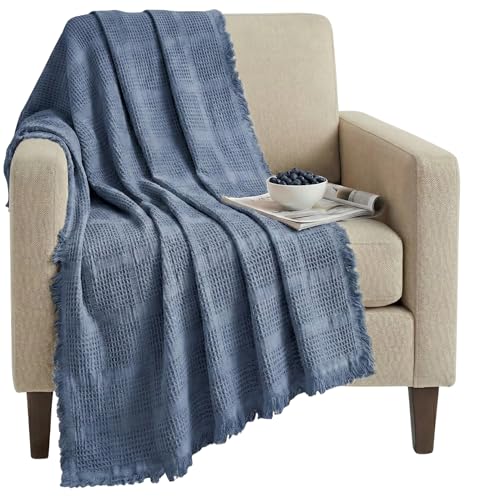 Mira Waffle Throw Blanket with Tassels - 50x66 Inch - 100% Turkish Cotton Tencel Breathable Blend Lightweight Blanket for Couch, Sofa, Bed - color: Denim