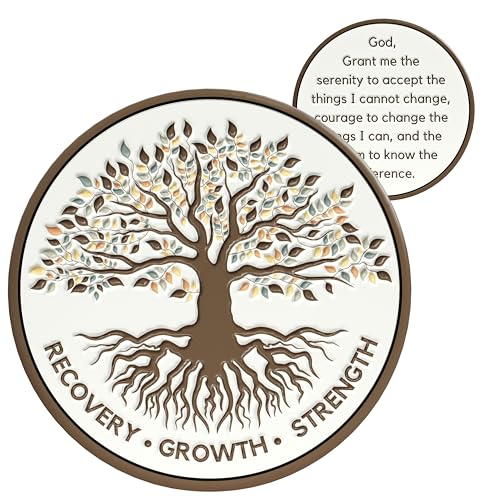 MilestoneMint Tree of Life AA Sobriety Coin - Affirmation Sobriety Chips, Recovery Coins, AA Chip, Sober Coin w/Serenity Prayer – 2D Raised Textured Medallion Included w/Capsule, Card, Pouch, Gift Set - size: Tree Coin