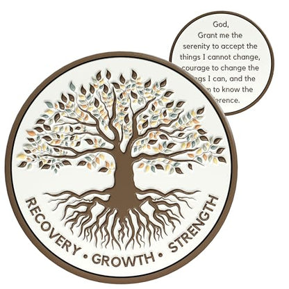MilestoneMint Tree of Life AA Sobriety Coin - Affirmation Sobriety Chips, Recovery Coins, AA Chip, Sober Coin w/Serenity Prayer – 2D Raised Textured Medallion Included w/Capsule, Card, Pouch, Gift Set - size: Tree Coin