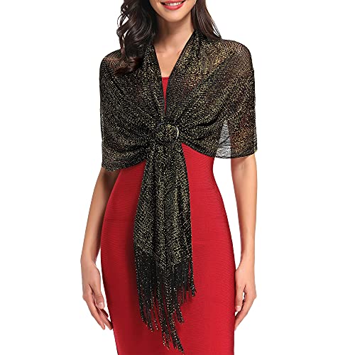vimate Sparkling Metallic Shawls and Wraps for Evening Party/Wedding/Formal Dresses (With Free Buckle) - color: H#. Black & Glod (With Black Buckle)