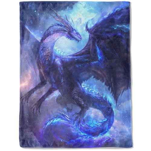 Mystical Dragon Fleece Blanket,Blue Fantasy Epic Magical Style Blankets,Soft and Warm Decorative Throws for Game Room,Office,Sofa,Lightweight Throw Gifts for Gamers Teens Men 50”x60” - color: Dragon, size: 50x60 inch