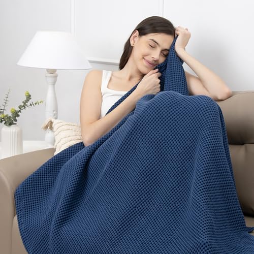 Throw Blanket for Couch, 100% Cotton Soft Lightweight Breathable Summer Blanket Throws, Waffle Weave Throw Size Bed Blanket: Blue (50"x60") - color: Blue, size: Throw (50" x 60")