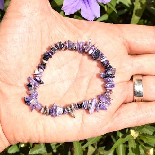 Zenergy Gems Charged Premium Natural Crystal Chip Bead Bracelet + Moroccan Selenite Charging Crystal [Included] - color: Charoite