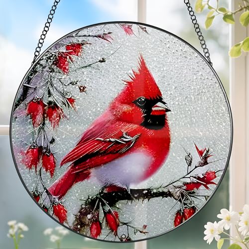 Stained Glass Window Hanging, DOUHASU 8 Inch Cardinal Stained Glass Suncatcher Ornement, Window Decor, Sympathy Gift, Cardinal Gifts for Women - color: Cardinal