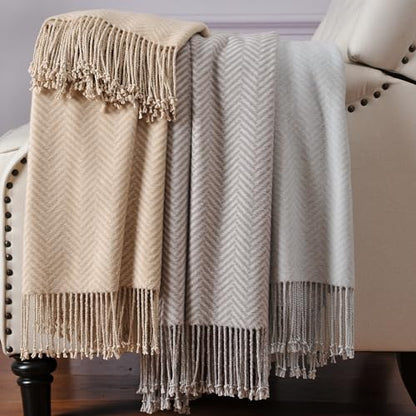 CUDDLE DREAMS Silk Throw Blanket with Hand-Knotted Fringe, Natural, Soft & Breathable (Herringbone-Taupe) - color: Herringbone-taupe