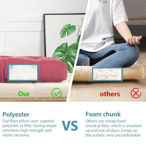 2-Pack of Square Meditation Pillow,Large Floor Pillows Cushions for Adults,Solid Thick Tufted Seat Cushion Square Floor Cushions for Balcony Bedroom Tatami(2pcs, Red1)