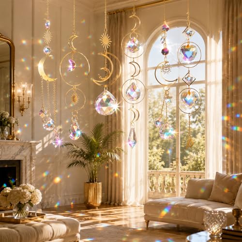 ilclviz Suncatcher Crystal Hanging Sun Catcher Prism with Chain Pendant Ornament Crystal Balls for Window - color: Gold B