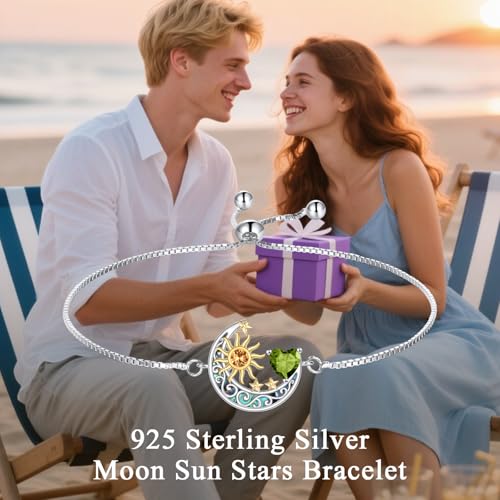 925 Sterling Silver Moon and Sun Star Adjustable Link Bracelet for Women with 12 Month Birthstone Birthday Jewelry - style: 08 - Aug.