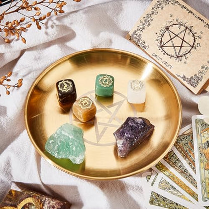 CREATCABIN Pentagram Altar Plate Star Tarot Plate Ritual Burning Candle Holder Plate Bowls Offering Incense Burning Flat Bowl with Altar Card Tarot Supplies for Witchcraft Wiccan Golden 5.55 Inch - style: Pentagram