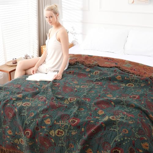 Boho Throw Blanket for Bed - 100% Pure Cotton Ultra Soft Rustic Quilt - Farmhouse Decor Bed Blankets, All Season Rustic Throw for Sofa Couch Chair(60''×80'', Floral) - color: Floral Pattern 7, size: 60''x 80''