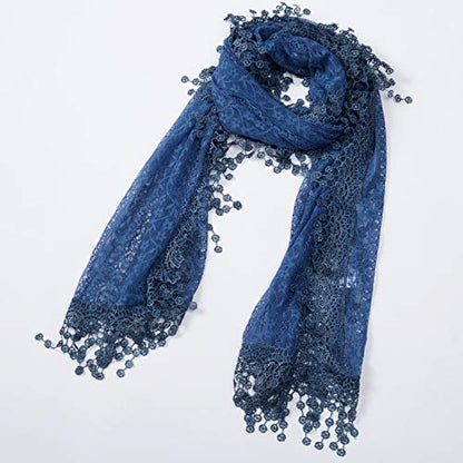Cindy and Wendy Lightweight Soft Leaf Lace Fringes Scarf Bridal Veils shawl for Women - color: Denim Blue-2