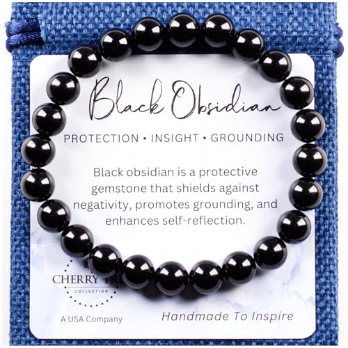 Cherry Tree Collection – Handmade Crystal Bracelets with Black Obsidian, Tiger’s Eye and 6 Other Gemstones for Men & Women – 8mm Beaded Bracelet for Healing, Protection & Positive Energy–Sizes S/M/L - color: Black Obsidian, size: Medium