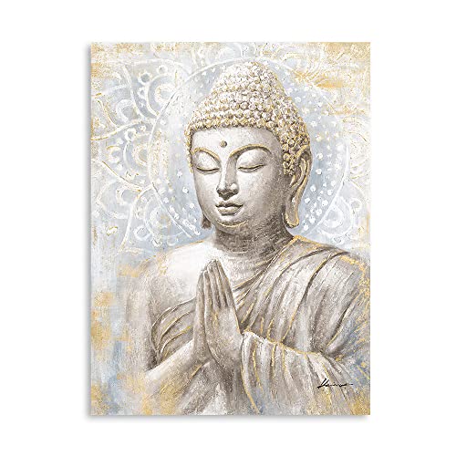 Gold Buddha Wall Art: Laughing Buddha Painting with Mandala Flower and Gold Leaf for Living Room, Bedroom, Yoga Room, Buddhist Meditation Room - 24"x32" - color: Smiling Golden Buddha, size: 24"x32"x1