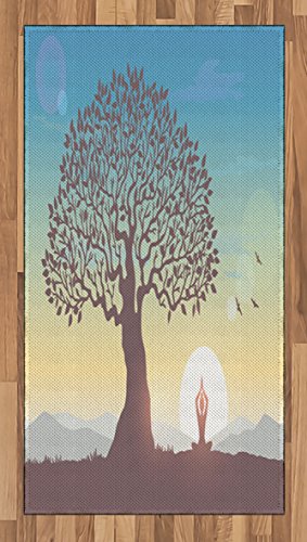 Lunarable Meditation Area Rug, Silhouette Woman Sitting in Lotus Pose and Welcoming The Sun Under a Huge Tree, Flat Woven Accent Rug for Living Room Bedroom Dining Room, 2' 6" x 5', Multicolor