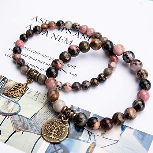 Bivei Natural Semi Precious Gemstone beads bracelet for women - Life Tree and Leaf Charm Energy Reiki Crystal Stretch Bracelets - color: Rhodonite Bracelet Set, size: Medium:6.8-7.24inch
