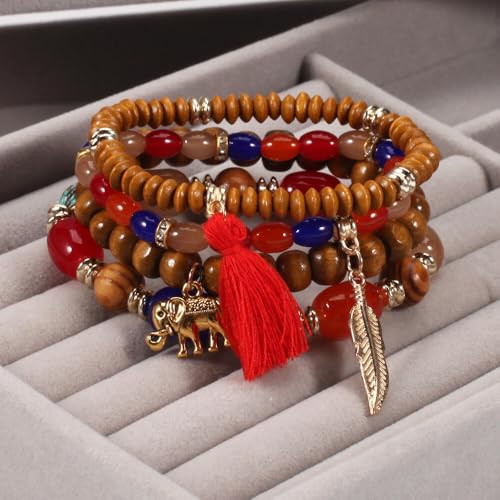 Caiyao 4Pcs Bohemia Multilayer Stackable Elephant Leaf Tassel Bracelets Colorful Wooden Resin Beaded Stretch Bracelets for Women Men Summer Beach Boho Vacation Hawaii Jewelry Gifts - style: StyleB