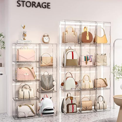 4 Packs Clear Handbag Storage Organizer for Closet, Acrylic Display Case for Purse Handbag, Stackable Purse Organizer Storage Box with Magnetic Door for Wallet Book Toys Collectibles