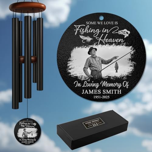 Personalized Memorial Fishing Wind Chimes for Outdoors – Custom Photo Name & Years Remembrance Chime – Sympathy Gift for Loss of Loved One – Keepsake Chime for Garden, Porch, Patio or Lakeside Space - size: FishingPhotoWC 1