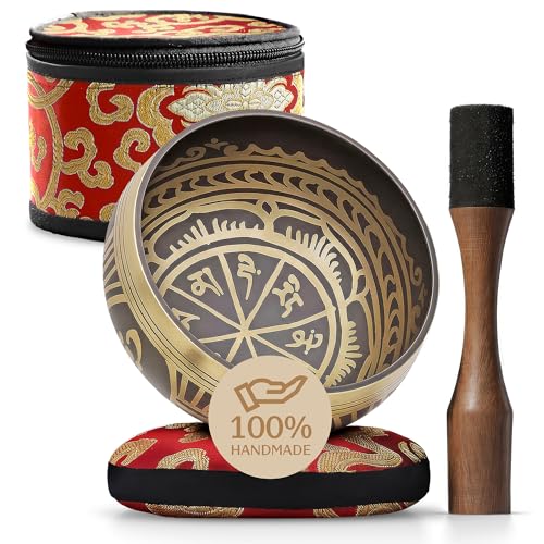 Silent Mind Tibetan Singing Bowl Set – Easy to Play & Beginner Friendly Meditation Bowl with Cushion, Mallet & Case | Stress Relief & Mindfulness | Gift-Ready - color: Antique Light Brown, size: With Case