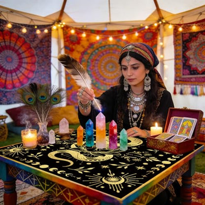 Tarot Altar Cloth Black Tablecloth Moon Snakes Lotuses Print Card Table Tablecloth with Velvet Tarot Card Bag for Reading Rituals Crystals Spiritual Divination Witchcraft Supplies - color: Snakes Lotuses
