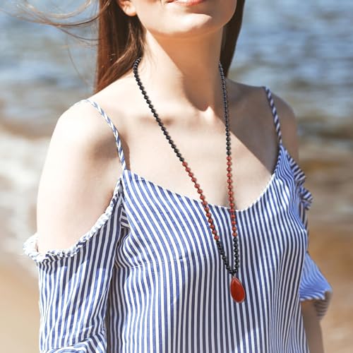COAI Teardrop Pendant Necklace 108 Mala Stone Beaded Necklace, Prayer Beads Necklace for Women - style: Onyx & Red Jasper