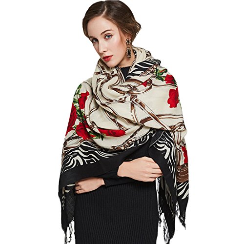 100% Merino Wool Pashmina Shawl for Women 96"x43", Oversized Cashmere Wrap with Tassels, Floral Travel Blanket Cape - color: Beige Black Rose Vines