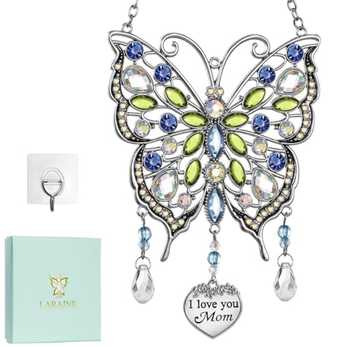 Butterfly Rhinestones Hanging Ornaments Charm Mom Wind Chime Ornament Charm with Metal Heart Gifts for Mom, Grandma, Aunt, Birthday (Blue) - color: Blue, size: Mom