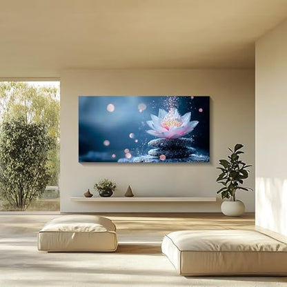 Iallbin Buddha Wall Art & Zen Wall Decor White Lotus on Water Canvas Painting - for Yoga Meditation Room, Spa & Bathroom, Iallbin Zen Stone Wall Art & Zen Wall Decor, Single Luminous Lotus Flowe Spiritually Uplifting Quality -for Yoga Meditation Room, Spa
