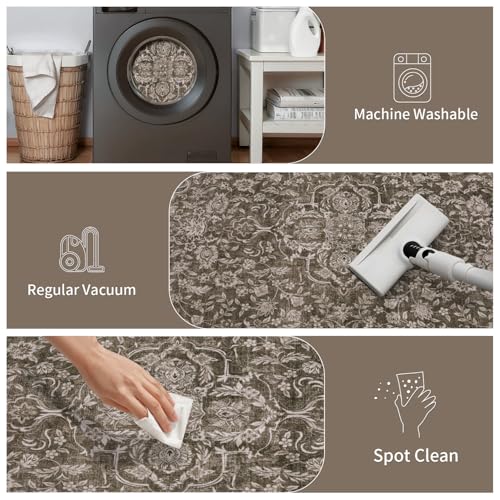 3x5 Washable Brown Rug Boho Floral Non-Slip Bedroom Rugs for Entryway Throw Rug Soft Low-Pile Indoor Floor Carpet for Living Room Laundry Foyer Decor