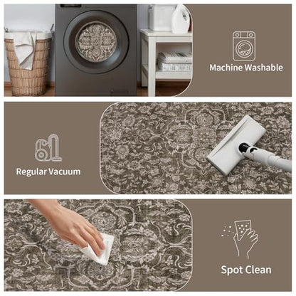 3x5 Washable Brown Rug Boho Floral Non-Slip Bedroom Rugs for Entryway Throw Rug Soft Low-Pile Indoor Floor Carpet for Living Room Laundry Foyer Decor
